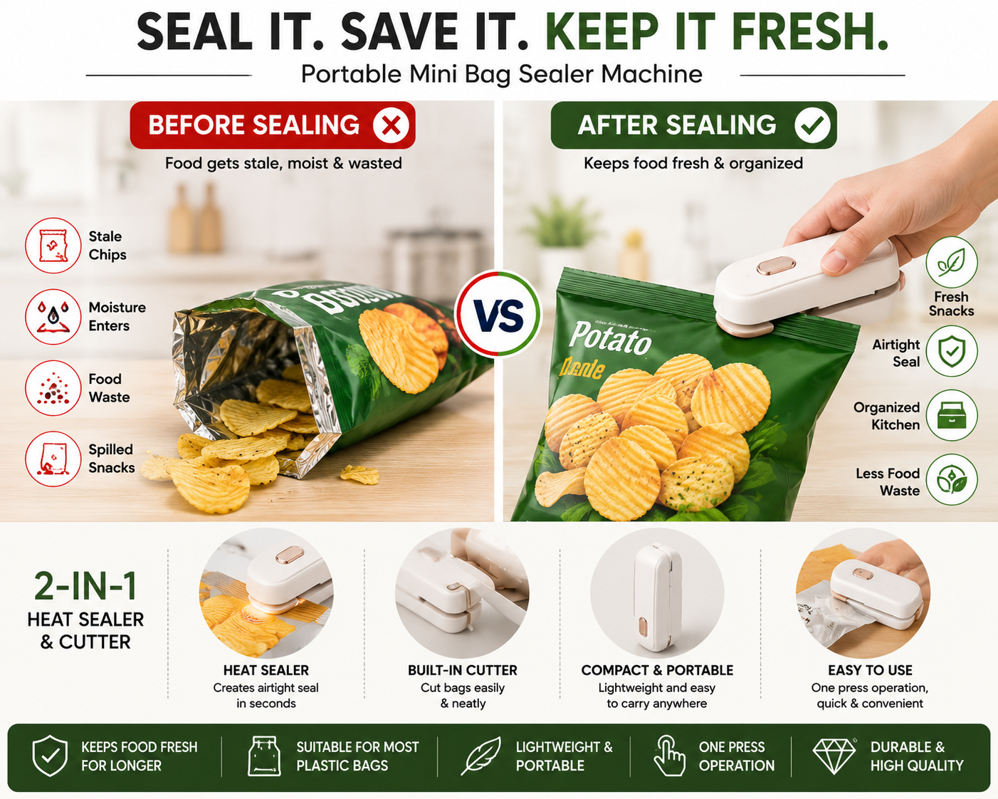 Promotional infographic for a portable mini bag sealer machine. The image shows a hand using the white handheld sealer on a green potato chips bag, with before-and-after comparison graphics, icons for features like state chips, moisture entry, and food waste, and feature callouts at the bottom.