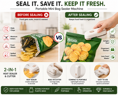 Promotional infographic for a portable mini bag sealer machine. The image shows a hand using the white handheld sealer on a green potato chips bag, with before-and-after comparison graphics, icons for features like state chips, moisture entry, and food waste, and feature callouts at the bottom.